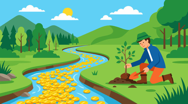 Vibrant vector illustration of a young man planting a tree sapling beside a winding stream filled with sparkling golden coins in lush green hills under sunny blue sky with mountains forests and
