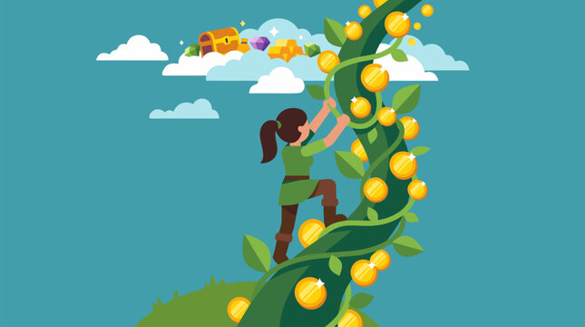 Adventurous woman climbing magical beanstalk sprouting shining golden coins toward floating treasure clouds in whimsical fantasy illustration ideal for motivational posters childrens books and