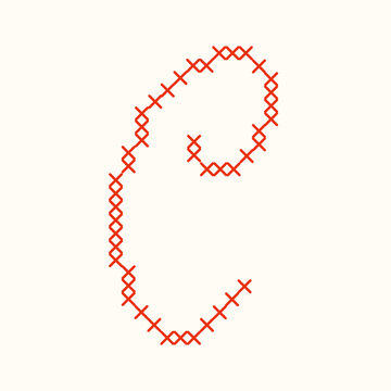 Red cross stitch letter C script typography isolated on white background. A textured cursive embroidery needlework letter for monograms, nursery decor, and handmade textile crafts. Vector illustration
