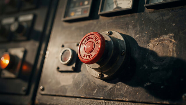 Red emergency stop button on industrial control panel for workplace safety