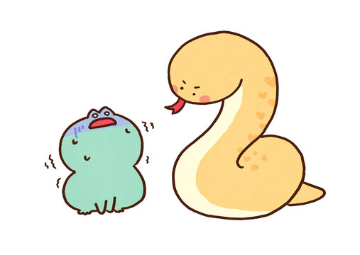 Frog panicking and sweating while being glared at by a snake, in a desperate situation or natural enemy concept