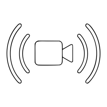 Elegant black and white line art vector icon showing a live stream signal with on-air indicator, perfect for television networks, streaming platforms, or media player controls.