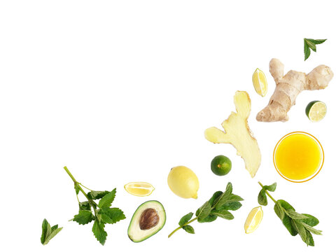 Healthy ingredients isolated on transparent background. Ginger, lemon, avocado, herbs and citrus collection