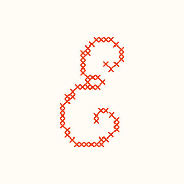 Red cross stitch letter E script typography isolated on white background. A textured cursive embroidery needlework letter for monograms, nursery decor, and handmade textile crafts. Vector illustration