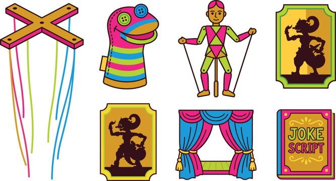 Traditional Puppet Theater Entertainment Icon Set with Marionette Controller, Sock Puppet, Wayang Shadow Puppets, Stage Curtains, and Comedy Joke Script Book Vector