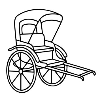 Hand-drawn vintage rickshaw cart vector illustration with elegant line art outline style, featuring classic Asian transport design with detailed spoked wheels and canopy seat, perfect minimalist
