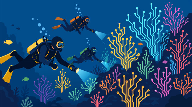Team of scuba divers exploring mysterious glowing neon circuit board coral reef underwater with colorful digital branches fish bubbles dark blue ocean depths technology meets nature vector