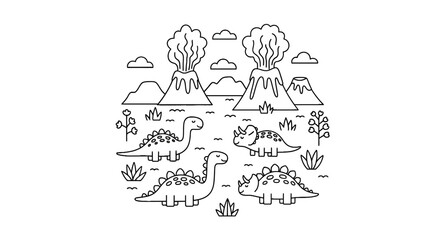 Fototapeta premium Cute dinosaurs in a prehistoric volcanic valley line art