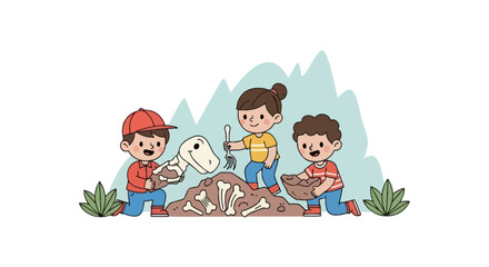 Young paleontologists excavating dinosaur fossils in the field © andi