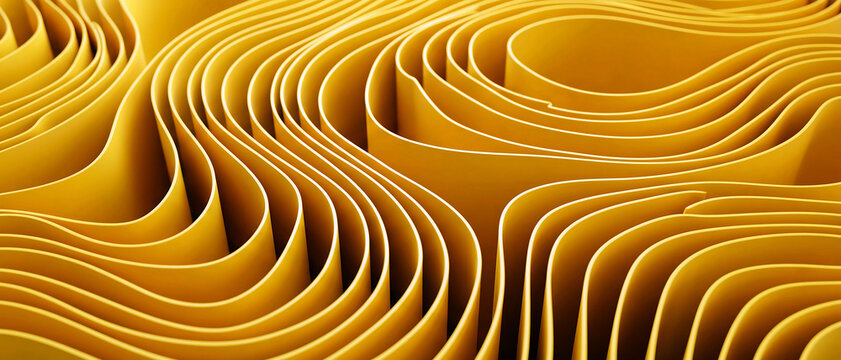 Abstract yellow background featuring flowing organic curves and smooth rhythmic wavy lines created with minimalist three dimensional layers for modern graphic design and artistic wallpaper themes