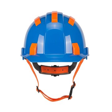 Blue safety helmet with orange straps