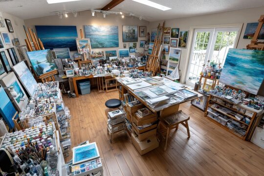 Art Studio Filled with Paintings and Supplies