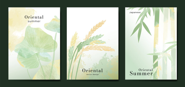 Modern gradient poster background vector set. Minimalist poster summer and spring cover template with green leaf and tree branch. Ideal design for social media, banner, card, ads.