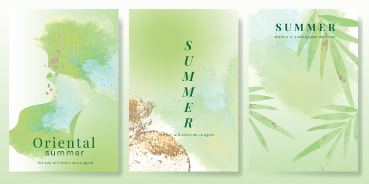Modern gradient poster background vector set. Minimalist poster summer and spring cover template with green leaf and tree branch. Ideal design for social media, banner, card, ads.