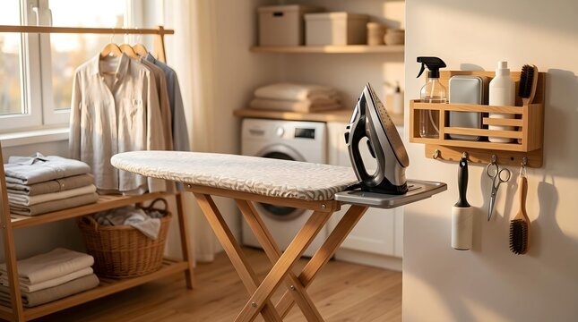 Laundry room with ironing board and washing machine.