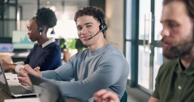 Face, consultant or happy man with headset in agency for customer service or online advice. Portrait, male person or agent with smile for virtual assistance, coworking or communication in call center