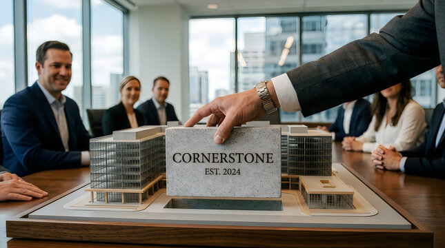 Business professionals discussing architectural models with a cornerstone in a modern office.
