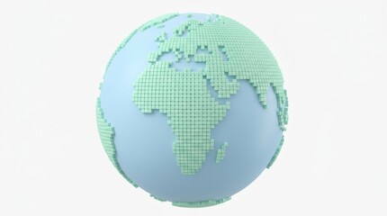 Fototapeta premium Digital voxel globe showing earth map made of small blue cubes.