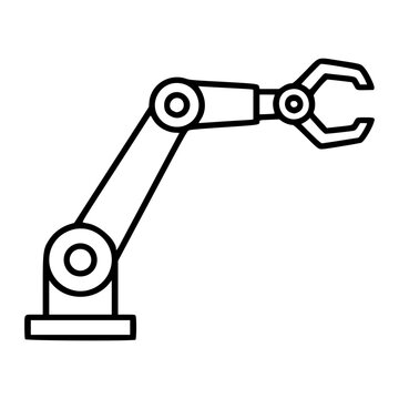 Industrial robotic arm vector icon in hand-traced outline style, representing automation and manufacturing technology. Minimalist line illustration, scalable SVG for engineering and tech design