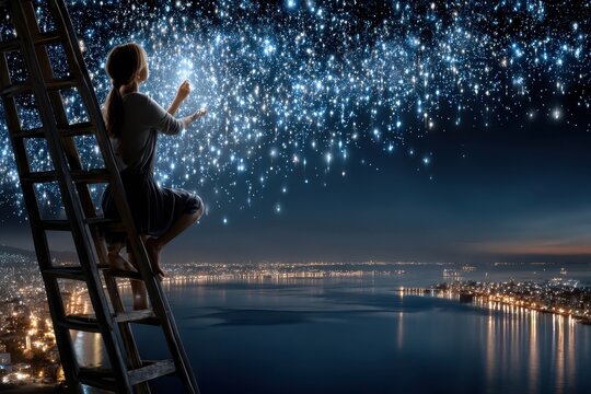 Woman on a ladder reaching for stars over a shimmering lake at night
