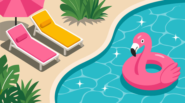 Relaxing poolside scene with pink and yellow lounge chairs under umbrella beside sparkling blue swimming pool with pink flamingo inflatable ring floating on water in bright summer vector illustration