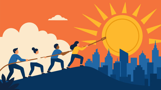 Inspirational vector illustration of diverse business team pulling glowing rising sun shaped like golden coin above modern abstract city skyline at sunrise symbolizing growth success and financial