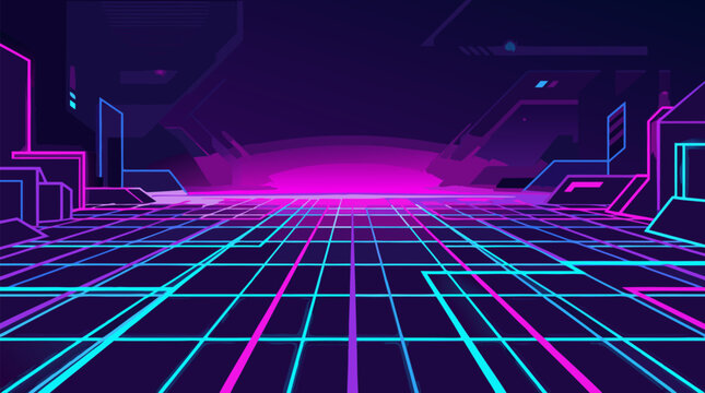 Futuristic neon cyber grid floor receding into infinite glowing magenta horizon with purple and cyan lights creating retro synthwave digital landscape atmosphere perfect for sci-fi gaming and
