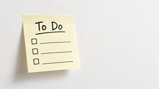 Minimalist yellow sticky note with to do list text stuck on plain white wall background.
