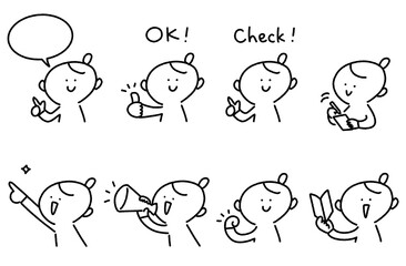 Obraz premium 手描き線画のかわいい女性のポーズ・表情イラストセット（指差し・OK・チェック・メガホン・初心者マーク）