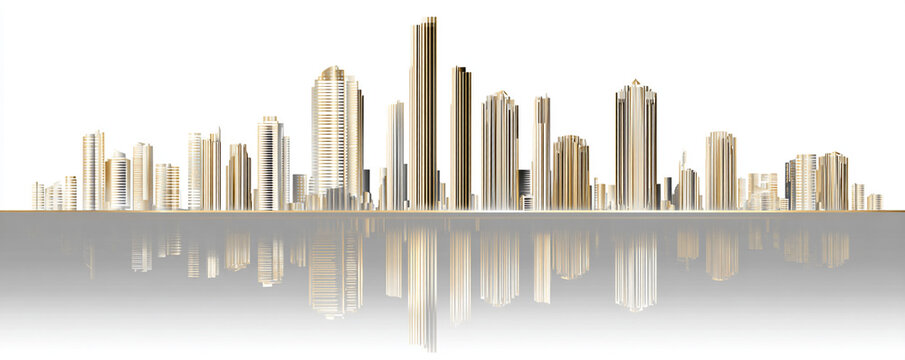 Luxury city skyline logo, 3D depth illusion with reflective buildings, minimal corporate style, 32k