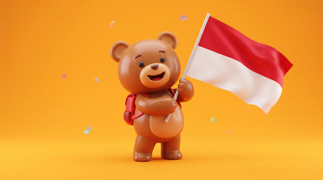 Happy bear character holds a flag on a festive day.