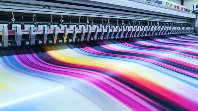 Large printing machine produces bright and colorful fabric patterns in a factory setting with fast moving machinery involved in the process