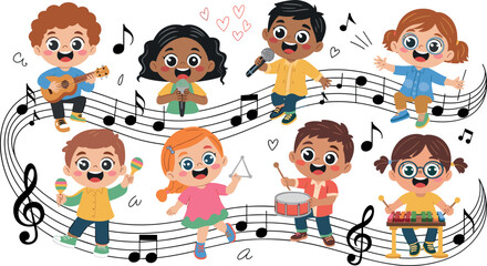 Cute Cartoon Children Choir and Music Band Vector Set with Diverse Kids Playing Musical Instruments, Singing, and Dancing on Clef Staff Notes