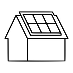 Clean rooftop solar panel array vector icon with hand-drawn house outline and photovoltaic cells, featuring minimalist line art illustration perfect for renewable energy and sustainable home graphics. © MD