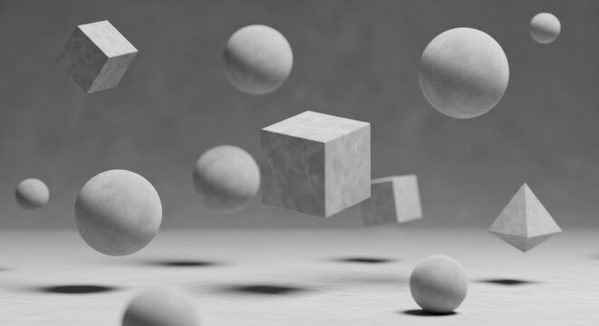 Floating geometric shapes in abstract three dimensional space.