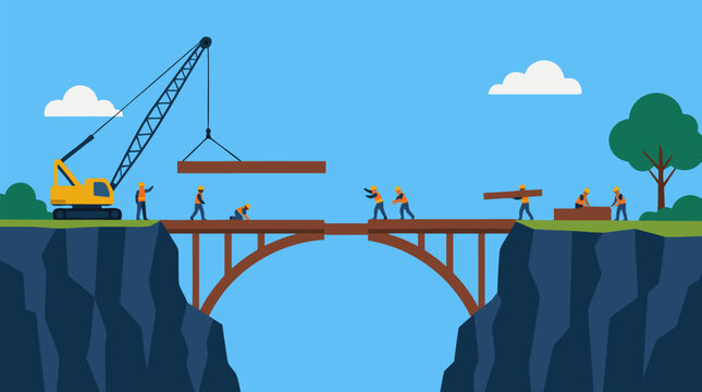 Detailed vector illustration of tiny construction workers building sturdy brown bridge across deep rocky chasm using yellow crane wooden beams blue sky teamwork engineering industry infrastructure