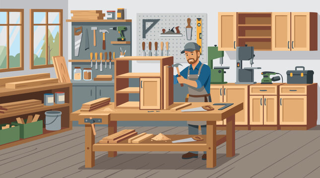Skilled male carpenter in apron and cap constructing custom wooden kitchen cabinets inside professional workshop using hammer tools workbench surrounded by lumber saws drills and organized carpentry