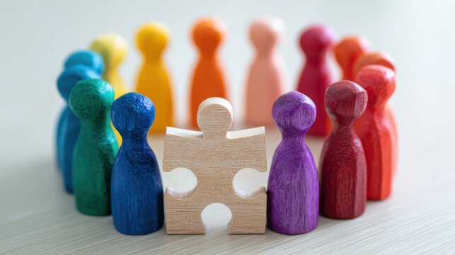Multi-colored wooden figures surrounding puzzle piece, representing autism awareness and inclusion.