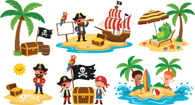 Cute pirate adventure set with tropical island captain ship kids treasure chest and parrot elements vector
