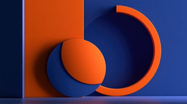 Minimalist orange and blue geometric shapes on blue.