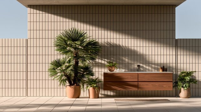 Minimalist outdoor bathroom vanity with palm plant and tile.