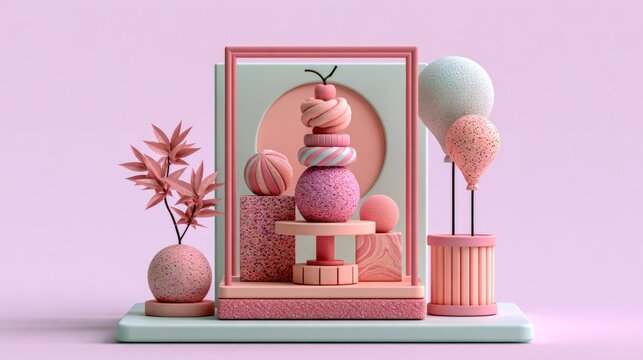 Minimalist pastel 3D stage with geometric shapes.