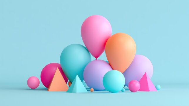 Minimalist pastel 3D spheres and cones on teal background.
