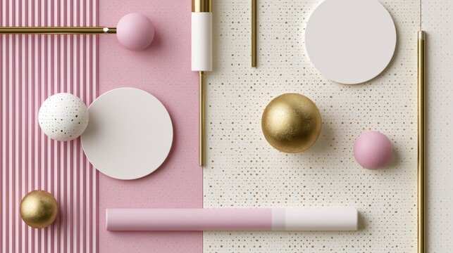 Minimalist pastel and gold geometric flat lay.