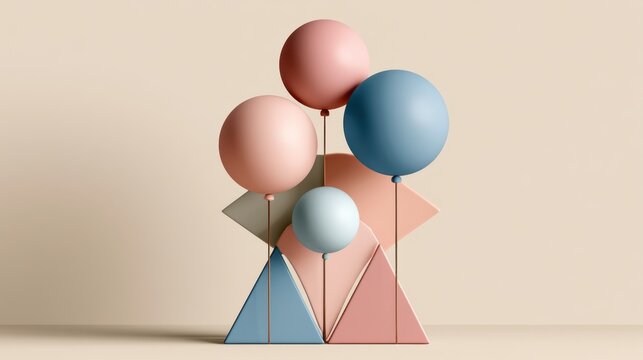 Minimalist pastel balloons on geometric triangular stand.