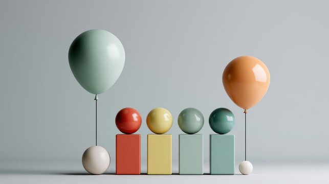 Minimalist pastel balloons on geometric blocks 3D render
