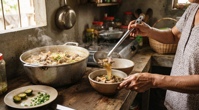 Person ladling steaming beef and tripe soup from a large cooking pot into ceramic bowls in a rustic home kitchen.