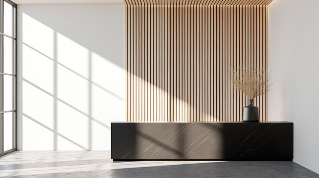 Minimalist reception desk under dramatic natural sunlight shadows