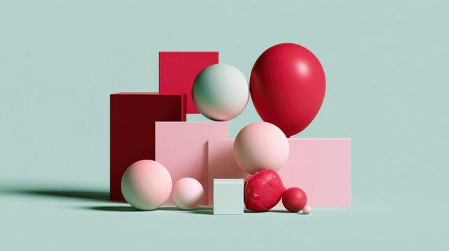 Minimalist red and pink 3D spheres and architectural blocks.