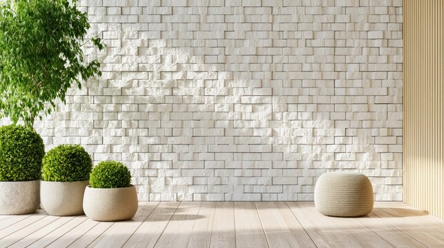 Minimalist room with textured white stone wall